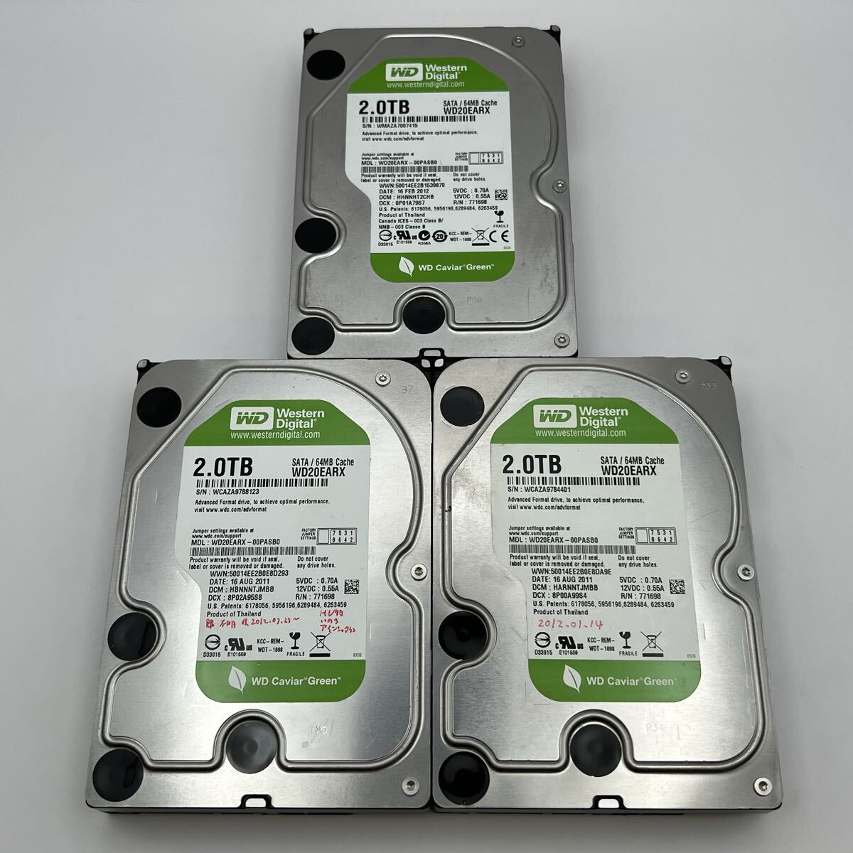 δ WD Caviar Green WD20EARX 2TB 3.5インチ SATA HDD 3台セット ジャンク扱い 動作未確認 現状品 同梱対応可能 簡易梱包 データ未確認