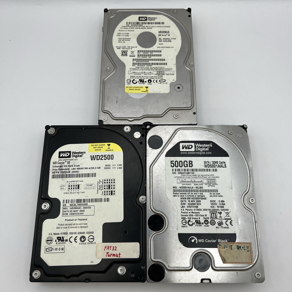 δWestern Digital HDD 3台セット 3.5インチ SATA/IDE 500GB 320GB 250GB WD Caviar Black/SE ジャンク扱い 動作データ未確認 同梱対応可能