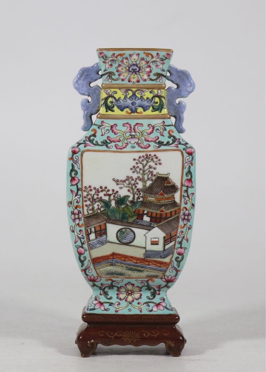 【萬古】中国古美術 清時代 粉彩 花瓶 時代物 古玩 骨董品 唐物 時代物 当時物 置物 高さ19.5cm w14