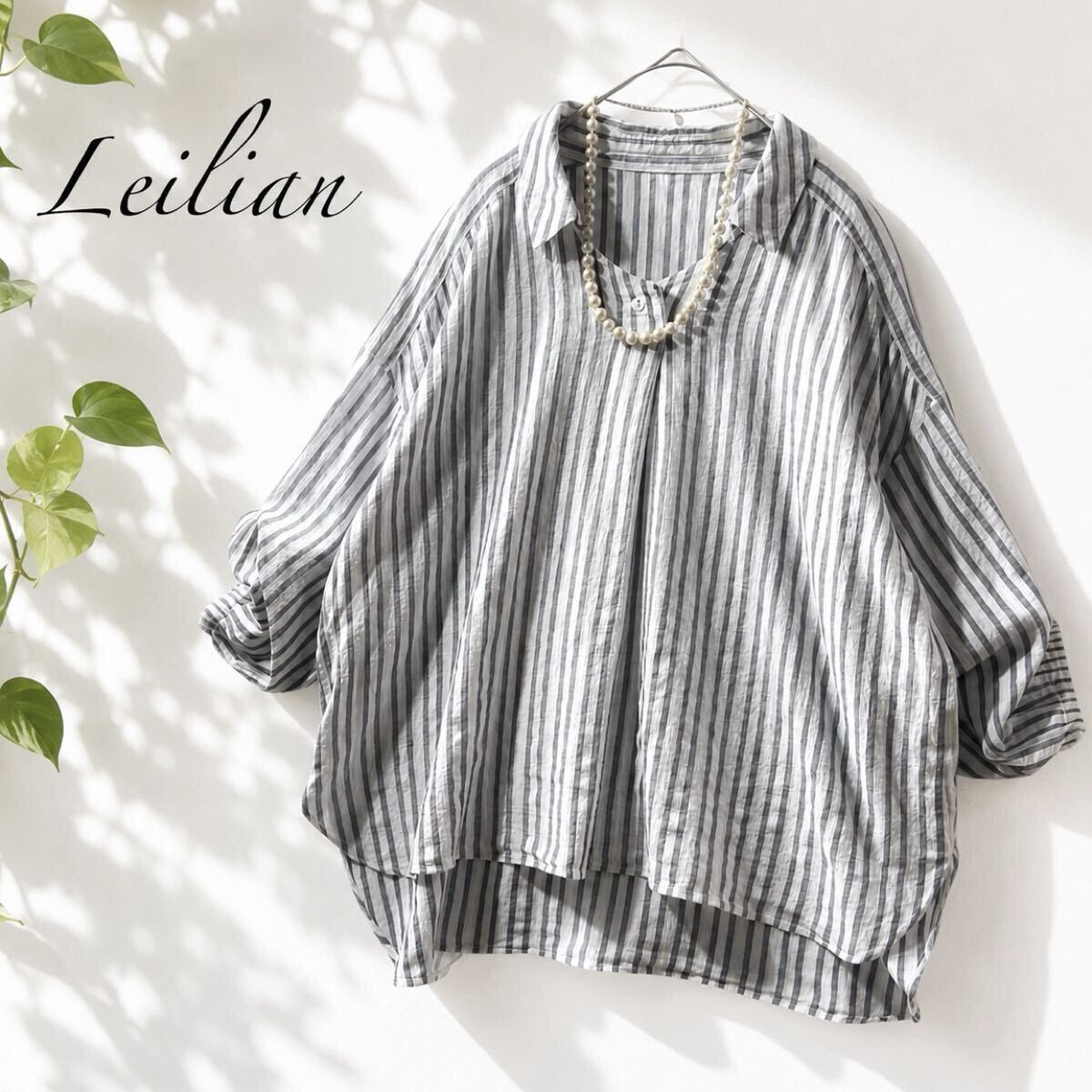 07/美品 Leilian レリアン プラスハウス 近年モデル 大きいサイズ13+ 2L 3L 涼しい シアサッカー調レース織 チュニックワンピース ブラウス