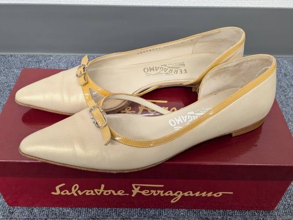 Salvatore Ferragamo サルバトーレフェラガモ ポインテッドトゥ リボン レザーパンプス ベージュ 6サイズ レディース 箱入り 現状品 中古