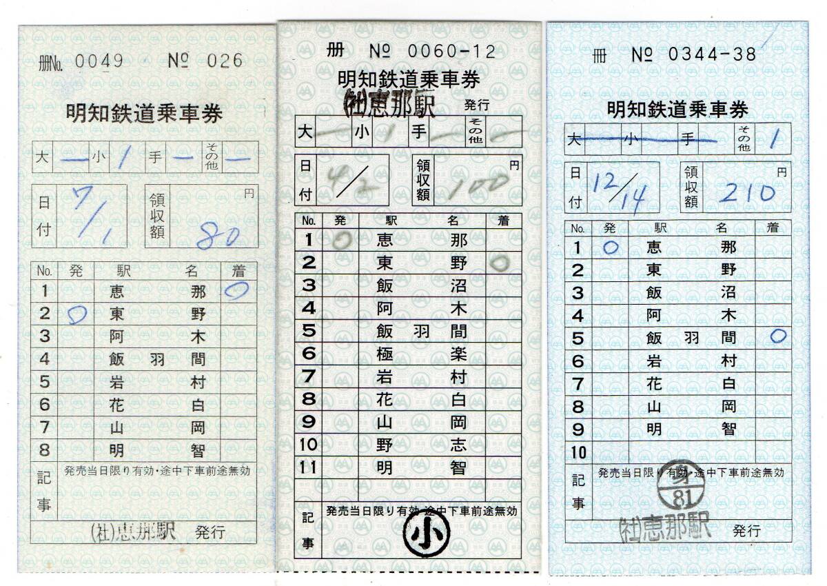 明知鉄道　恵那駅　常備軟券社線内乗車券３枚セット