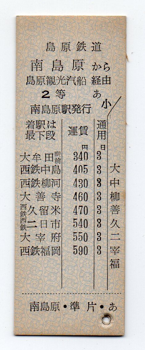 島原鉄道　南島原駅　西鉄福岡ゆき　２等　Ｄ型硬券準常備乗車券　パンチなし