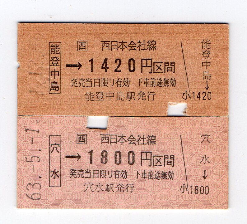 廃止線　ＪＲ七尾線　能登中島駅＆穴水駅　Ｂ型硬券乗車券２枚セット