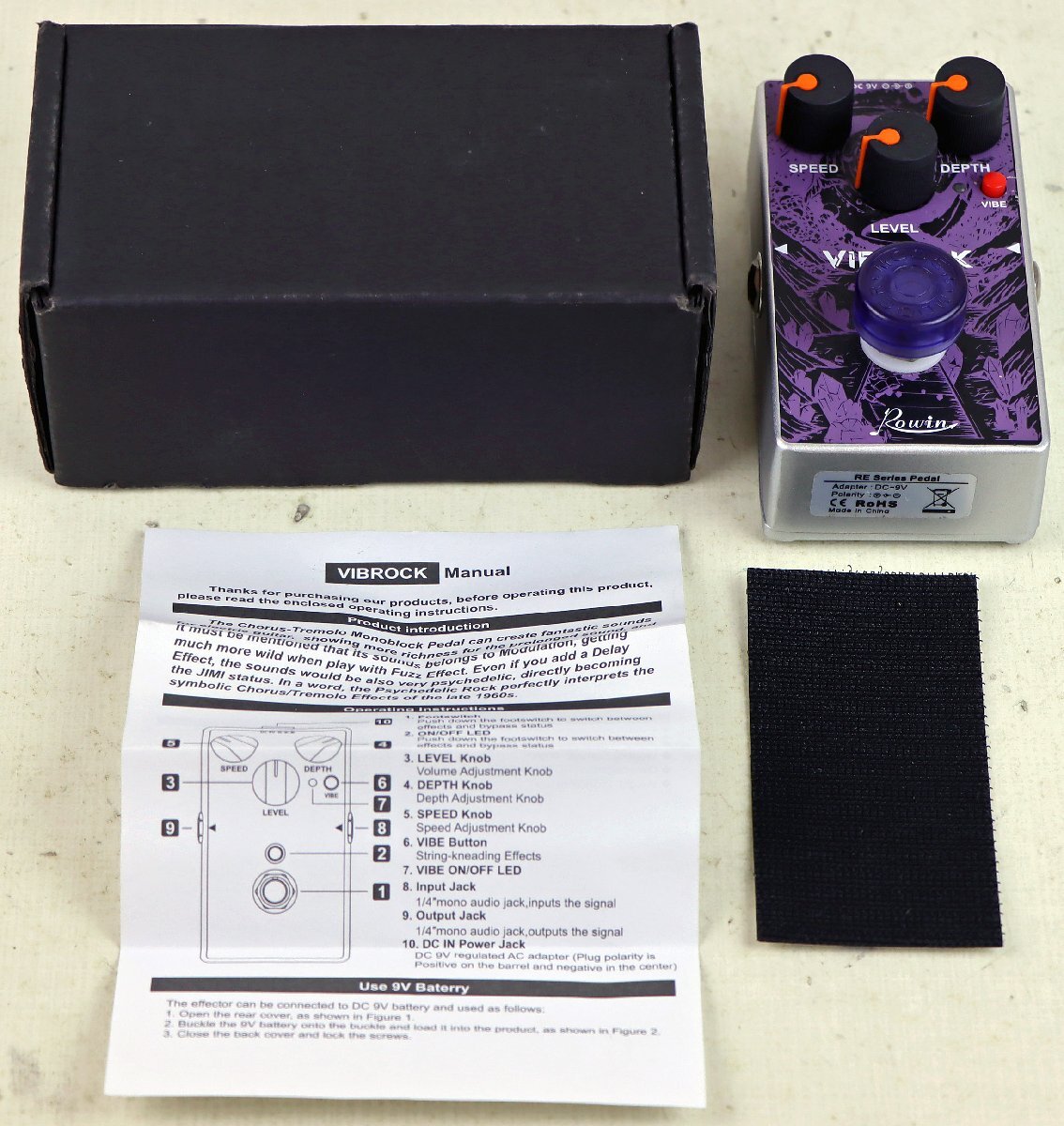 S●中古品●ギター/エフェクター ROWIN/ローウィン RE-02 VIBROCK コーラスビブラート パープル DC 9V 箱/マニュアル付 底面テープ付着あり