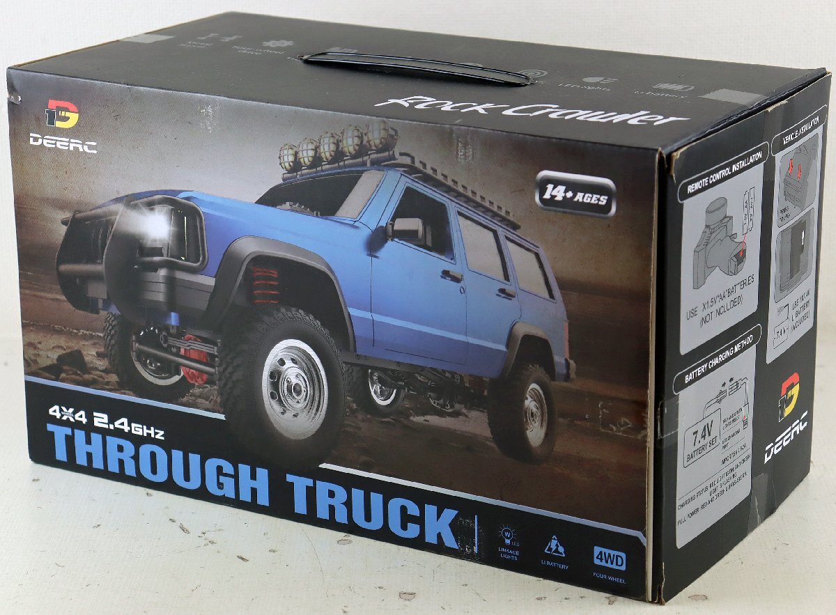 M☆ジャンク品☆電動ラジコン『1:12 4X4 2.4GHz THROUGH TRUCK ブルー MN-78』DEERC タフトラック オフロード ロッククローラー ライト点灯