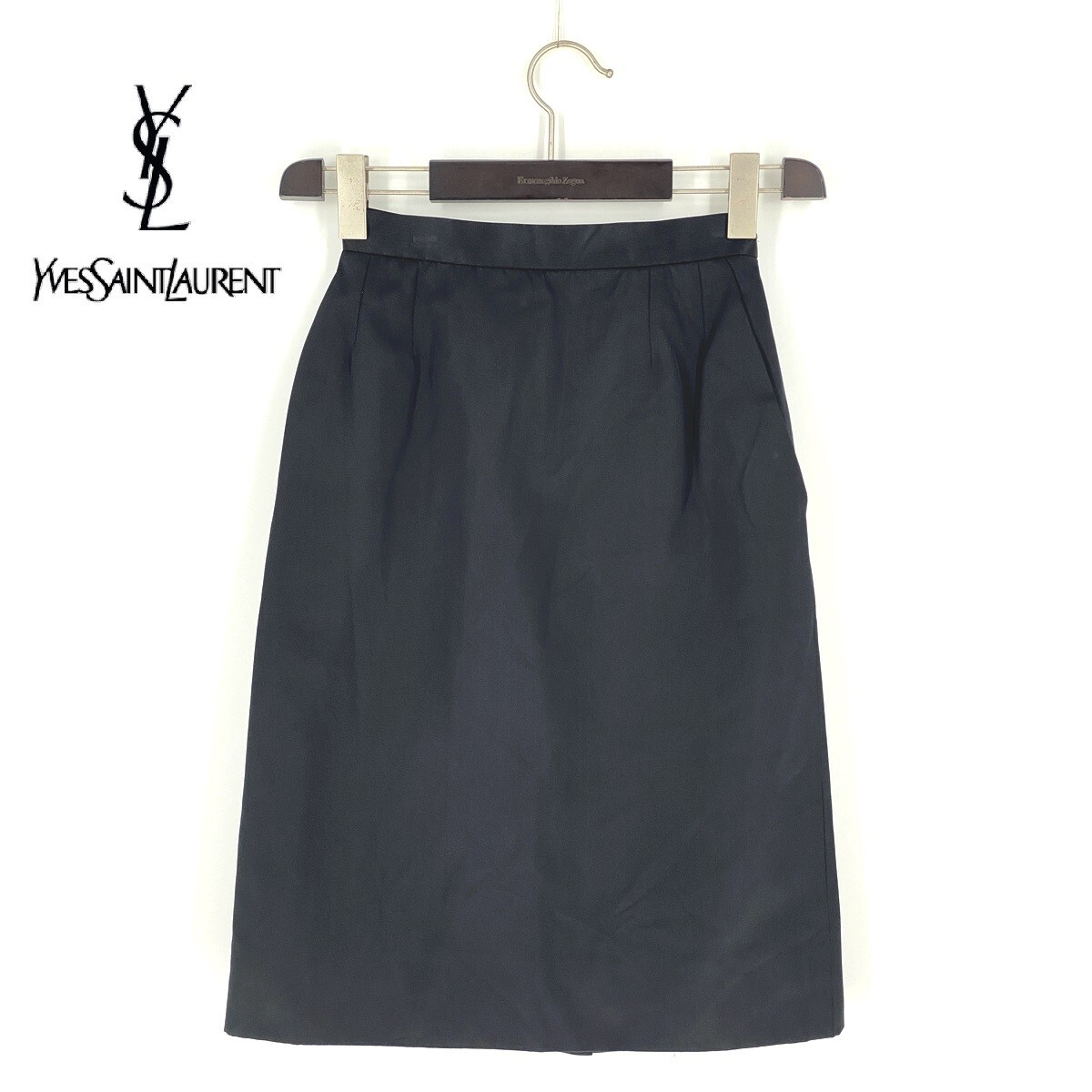 B0958/極美品 Yves Saint Laurent rive gauche イブサンローラン シルク タイト ミモレ丈 膝丈 スカート 34 S 黒 フランス製 レディース