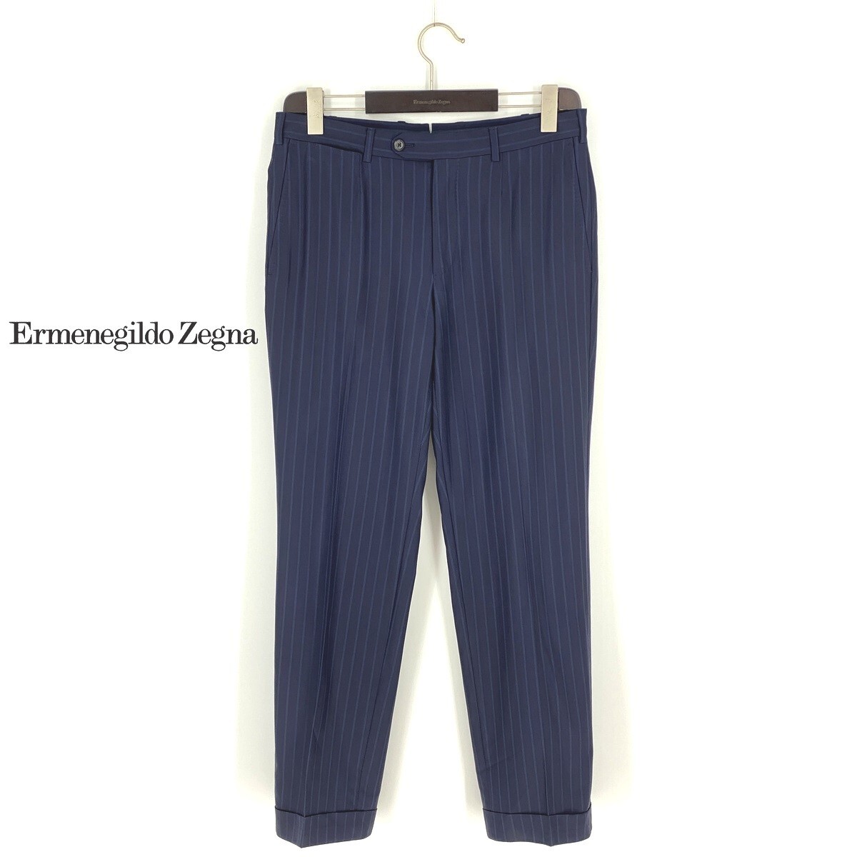 B0951/美品 Ermenegildo Zegna ゼニア ウール ストライプ スラックス パンツ トラウザーズ 48C L 濃紺 ネイビー スイス製 スーツ用