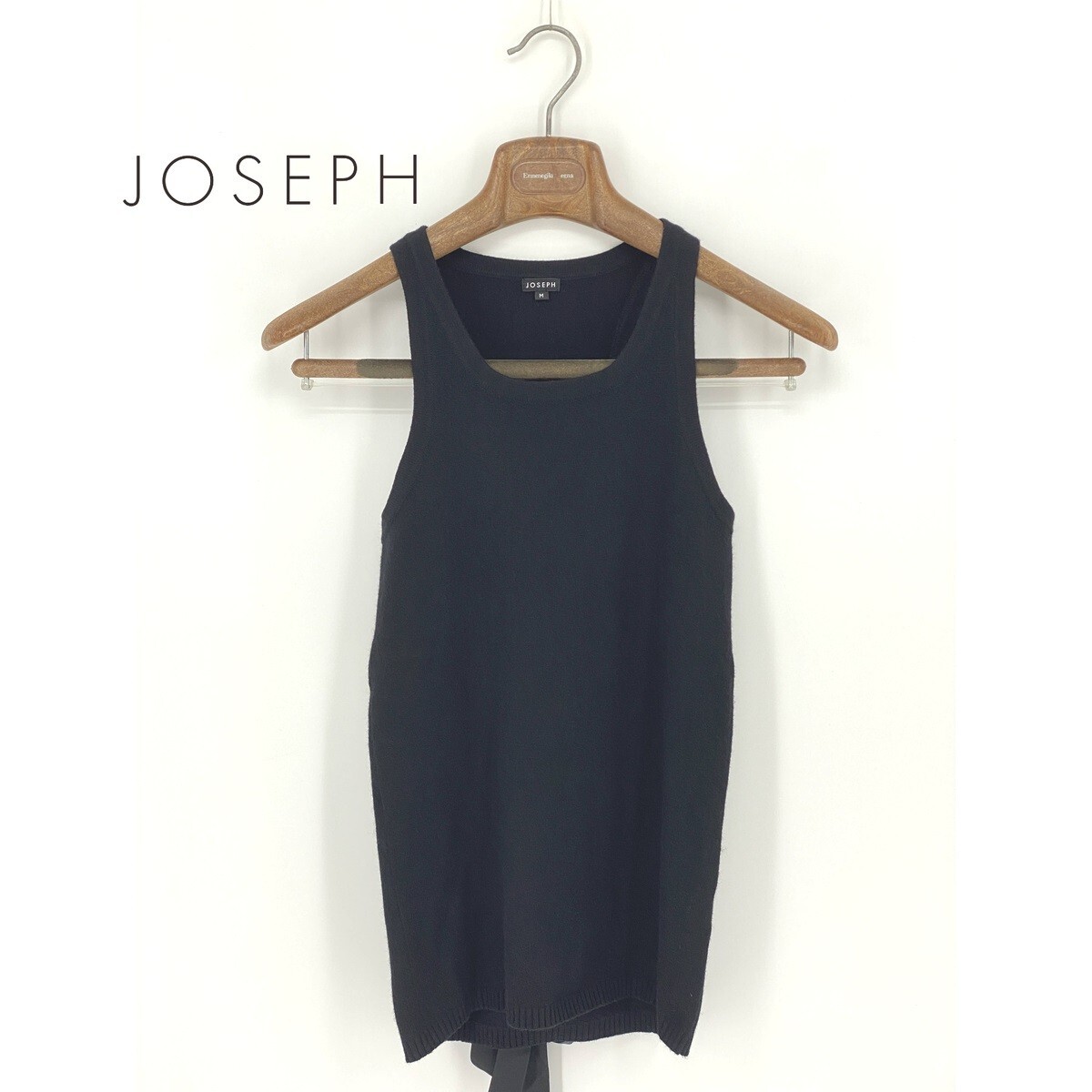 B0583/極美品 JOSEPH ジョセフ シルク カシミヤ リボンタイ クルーネック ノースリーブ ニット リブ セーター カットソー M 黒 レディース