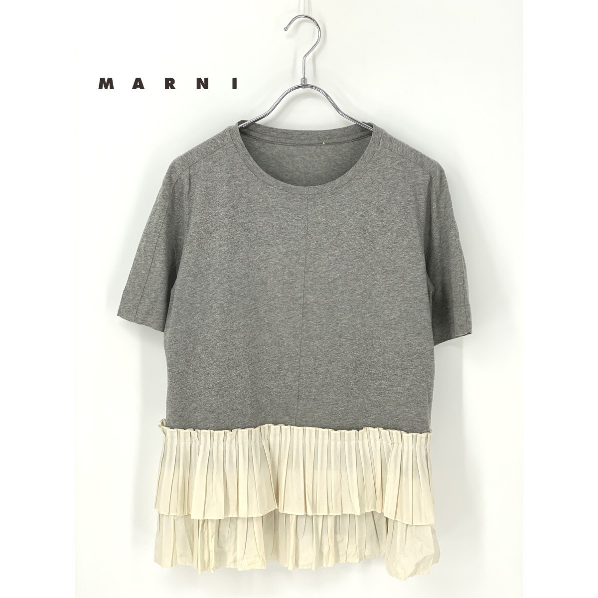 A8806/春夏 MARNI マルニ コットン 半袖 切り替え プリーツ ギャザー チュニック Tシャツ カットソー 42 M程 灰色 グレー イタリア製