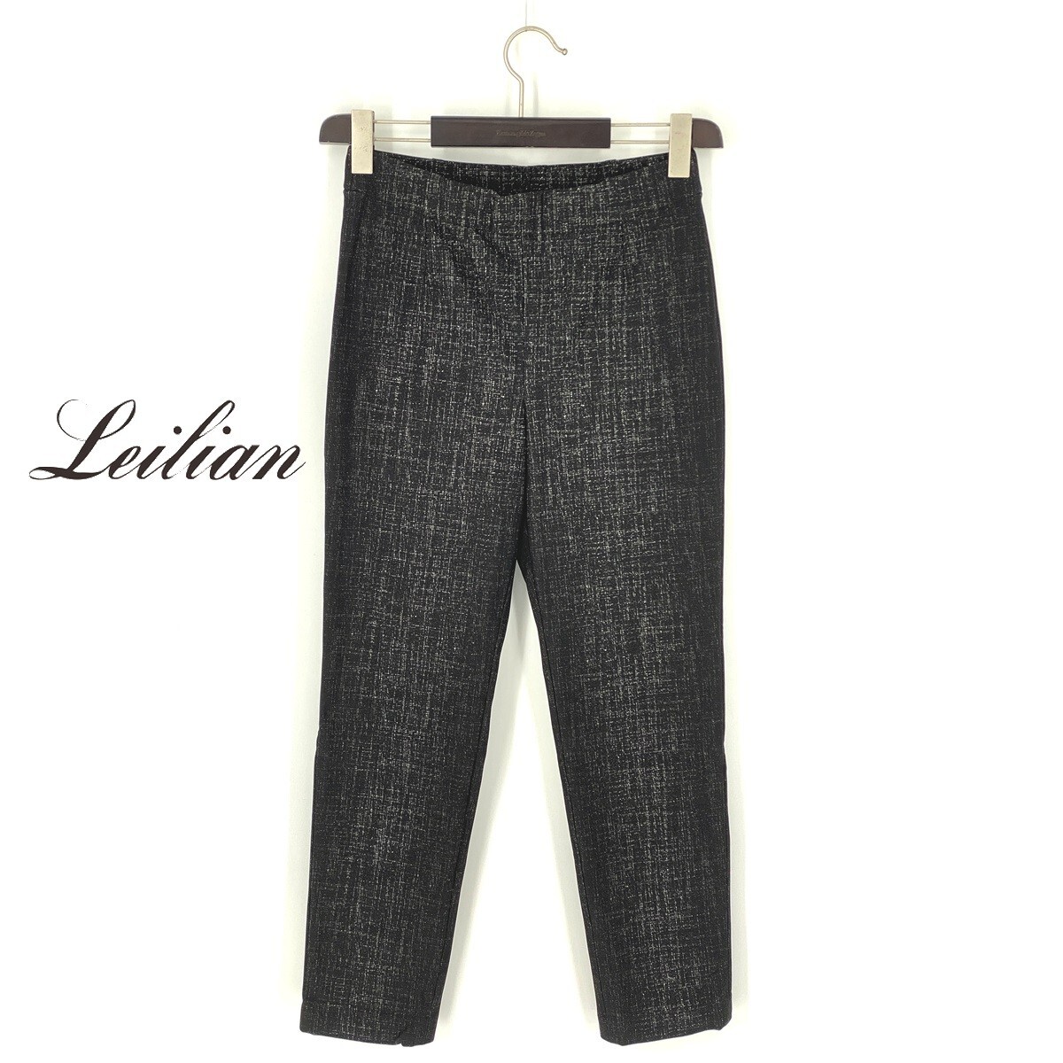 B1206■9号 Mサイズ■Leilianレリアン■極美品 ストレッチ ジャージー ナイロン 総柄 イージーパンツ 黒 テーパード スラックス 日本製