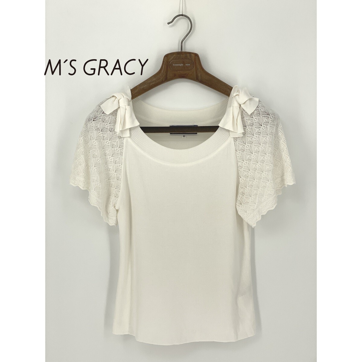 B0089/極美品 M'S GRACY エムズグレイシー コットン リボン付き レース 半袖 ニット Tシャツ カットソー セーター 40 L 白 レディース