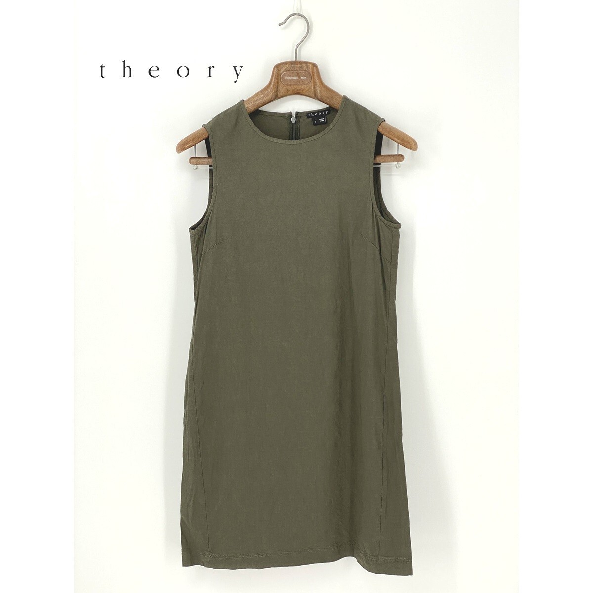 A8799/極美品 春夏 theory セオリー リネン レーヨン ストレッチ ノースリーブ 無地 Aライン ドレス 膝丈 ワンピース M程 緑 グリーン