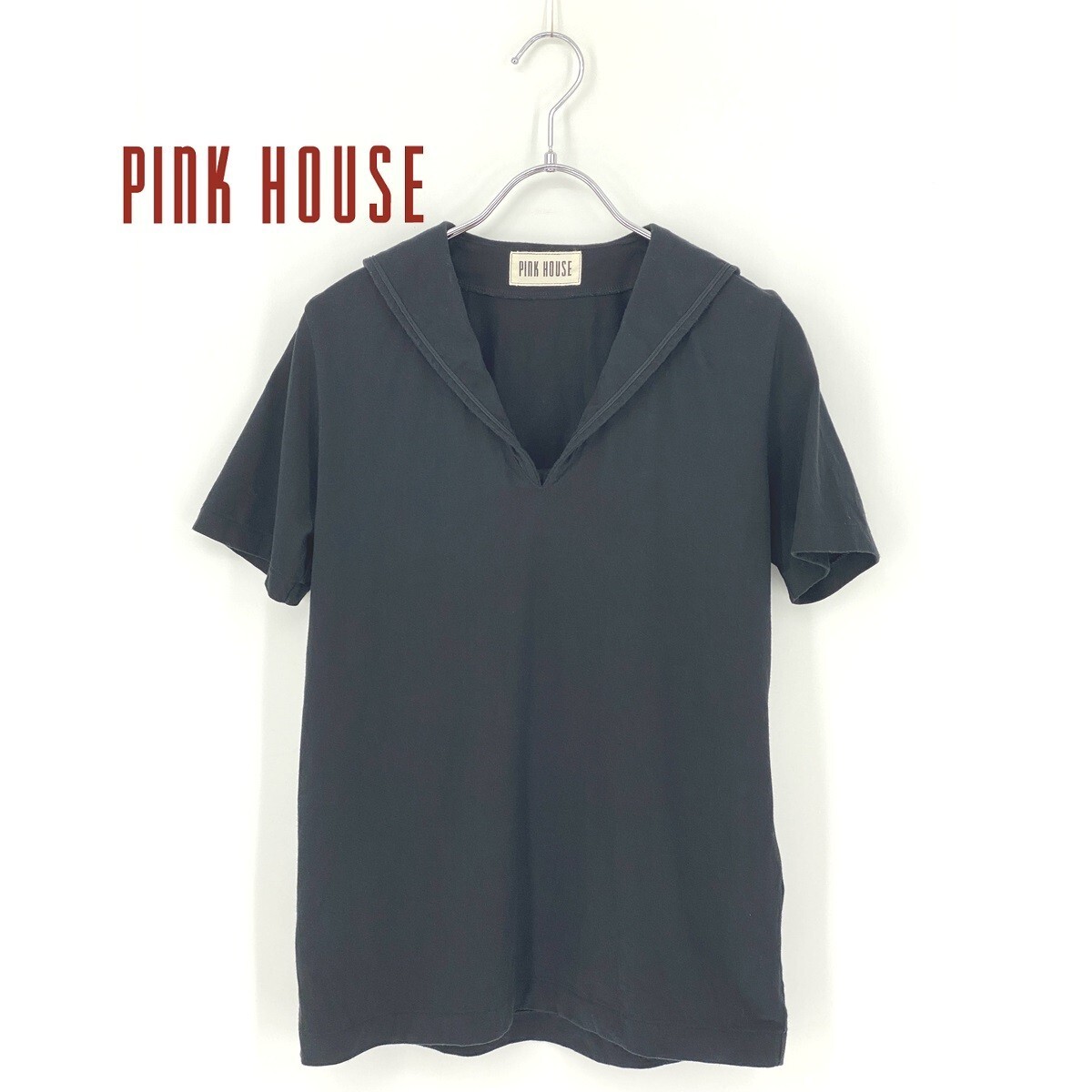 B0086/ビンテージ 極美品 PINK HOUSE ピンクハウス コットン ロゴプリント セーラーカラー Vネック 半袖 Tシャツ カットソーM黒 レディース