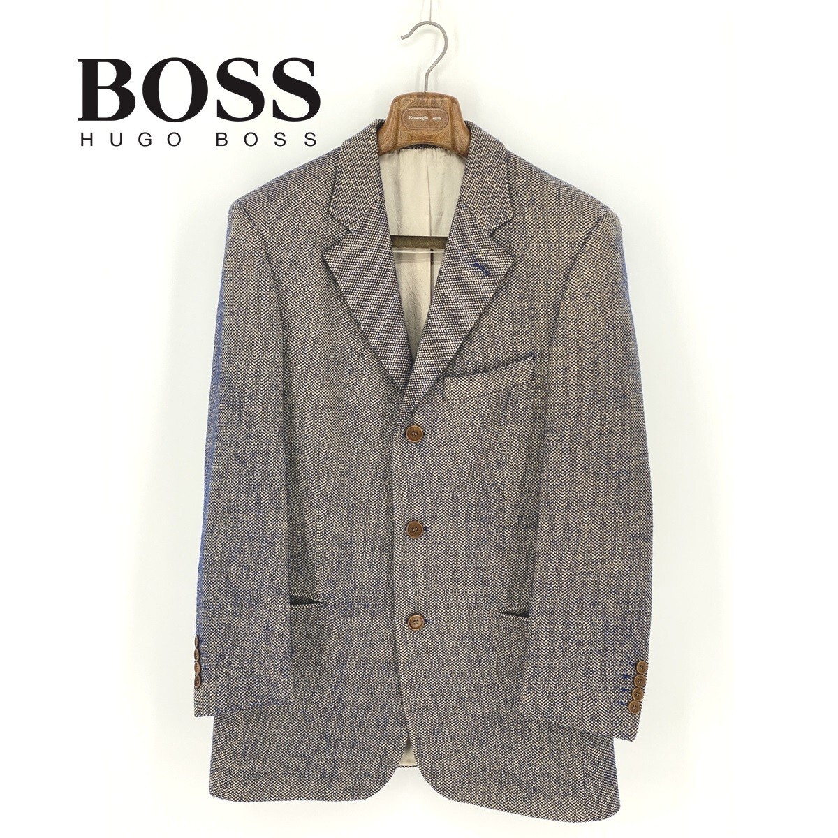 B0572/極美品 総裏 HUGO BOSS ヒューゴボス カシミヤ ツイード テーラード シングル3Bジャケット 48 L 黄色 イエロー 紺 ネイビー スーツ用