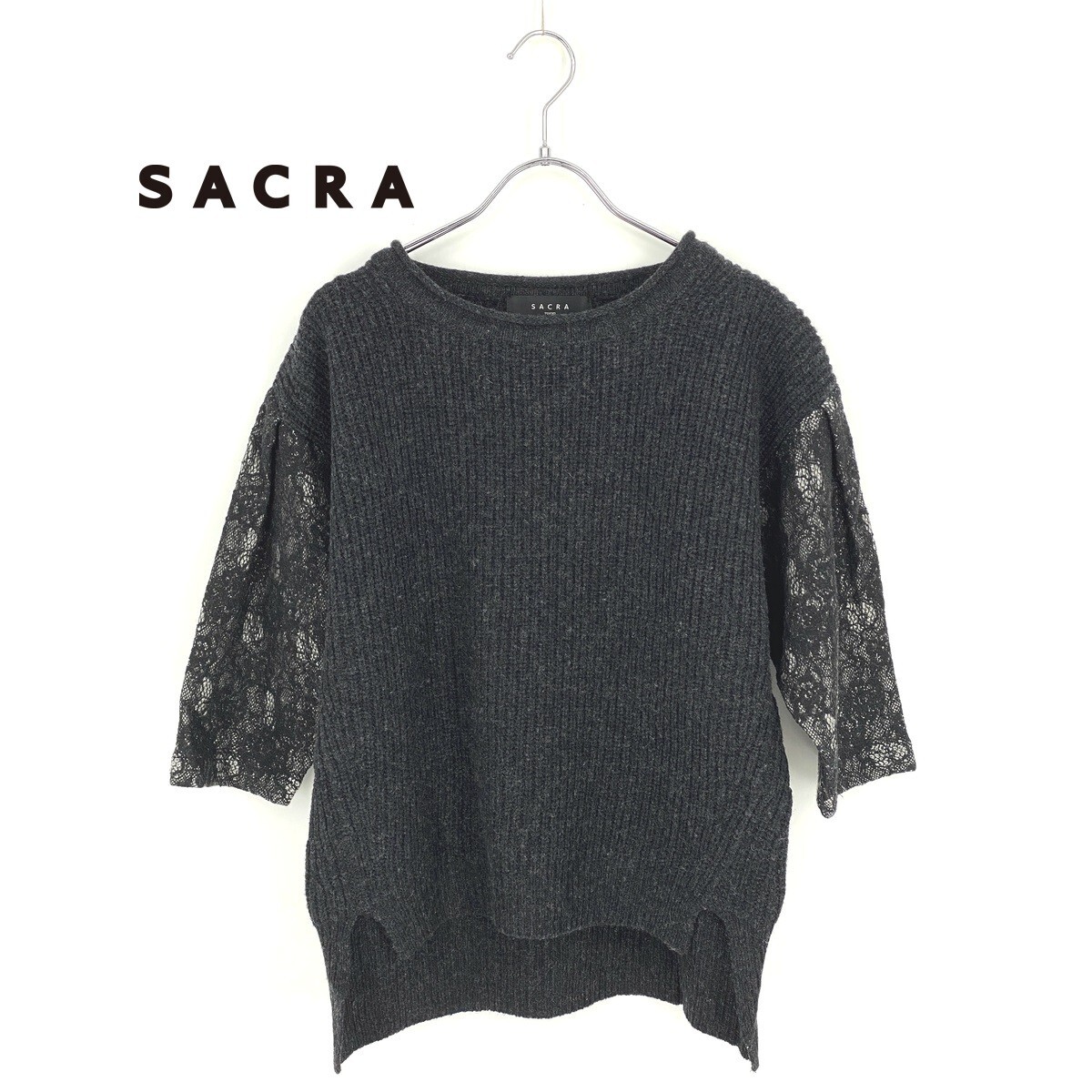 B1199■38 Mサイズ■SACRAサクラ■極美品 ウール レース 花柄 七分袖 ニット セーター 灰色 グレー 黒 シアー シースルー 厚手 リブ 切替