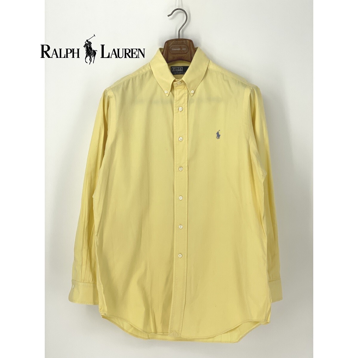 A8791/ビンテージ 80s 極美品 春夏 POLO RALPH LAUREN ラルフローレン コットン 長袖 ボタンダウン 刺繍 シャツ L 黄色 イエロー HAMILTON