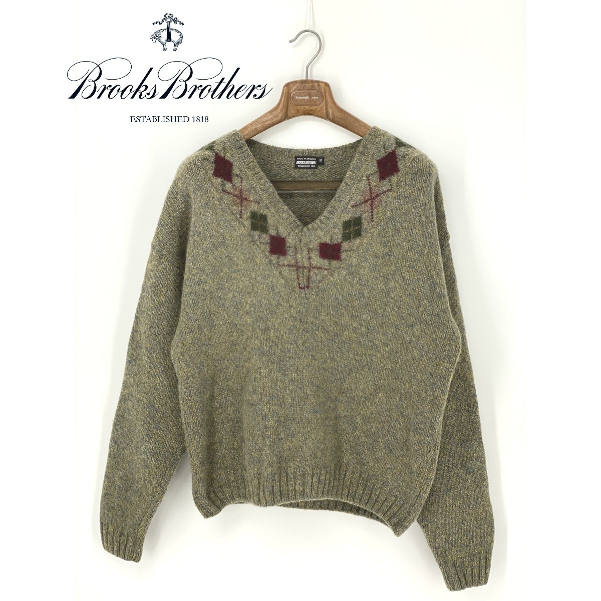 A8785/ビンテージ 70s 60s 極美品 BROOKS BROTHERS ブルックスブラザーズ 長袖 Vネック 厚手ニット リブ セーター M 緑 グリーン 英国製