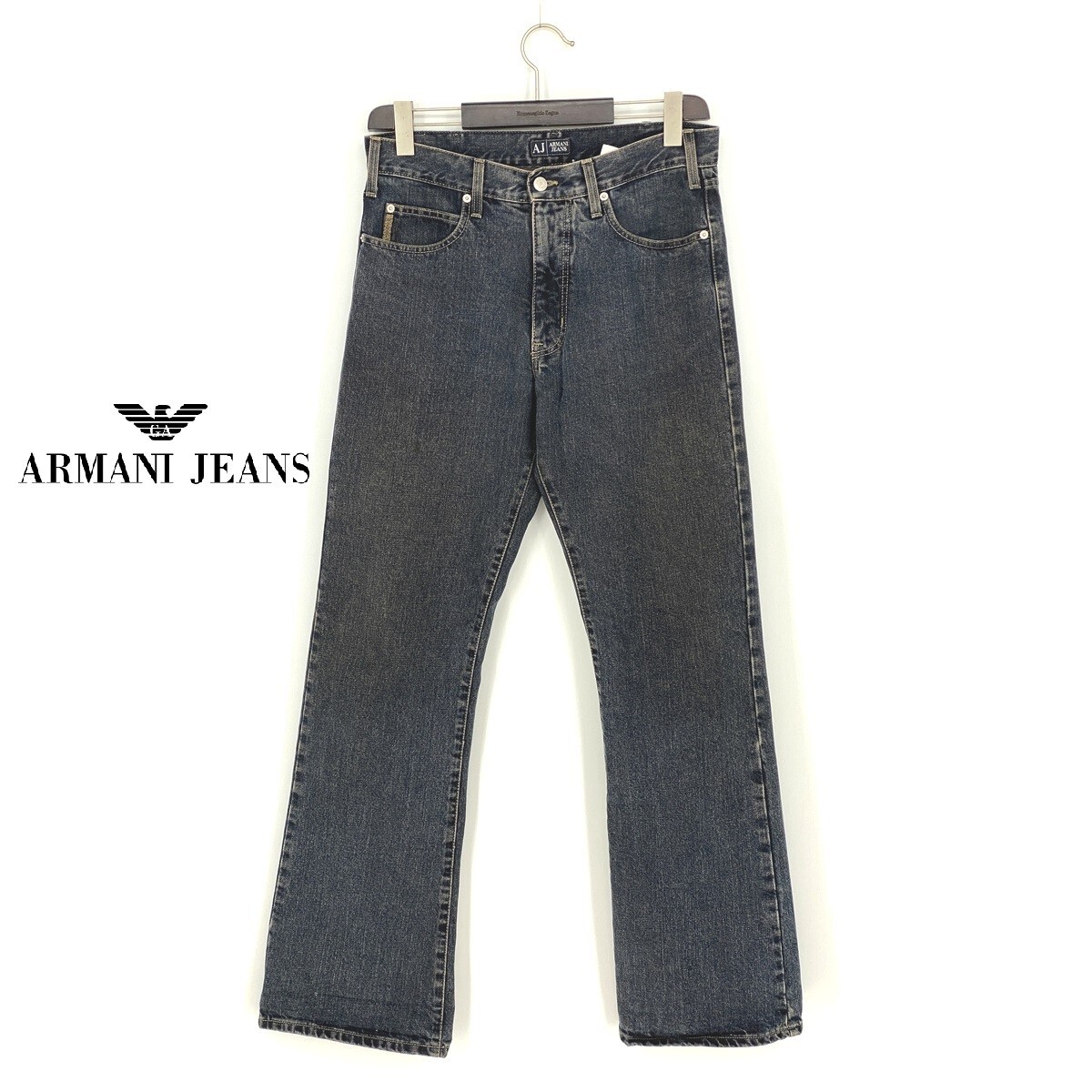 B0900/ ARMANI JEANS アルマーニ ジーンズ コットン ロゴ装飾 レザーパッチ ストレート ワーク デニムパンツ 33 XL 青 ブルー インディゴ