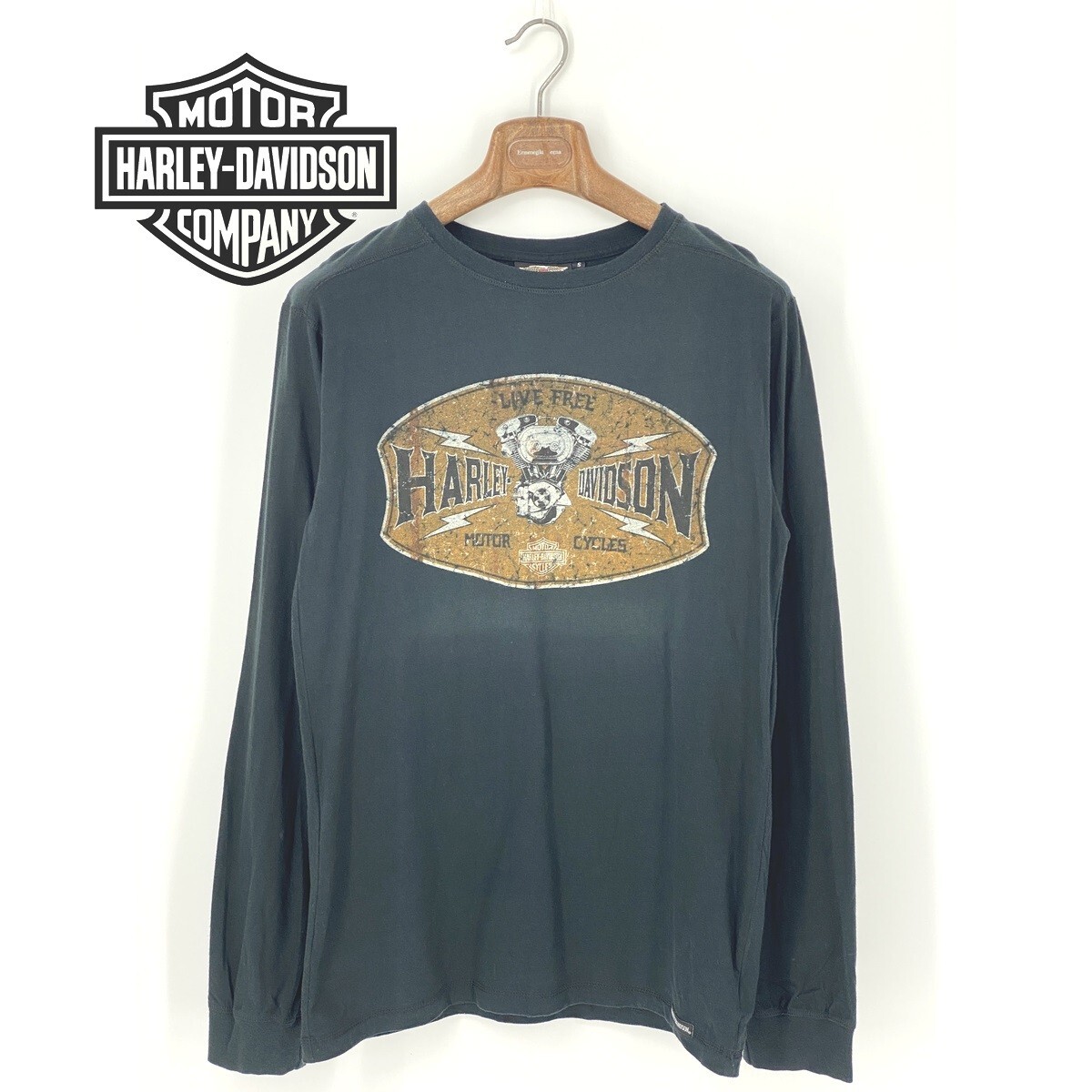 A8390/春夏 Harley Davidson ハーレー・ダビッドソン コットン 丸首 デカロゴ プリント 長袖 Tシャツ カットソー S 黒/メンズ バイク