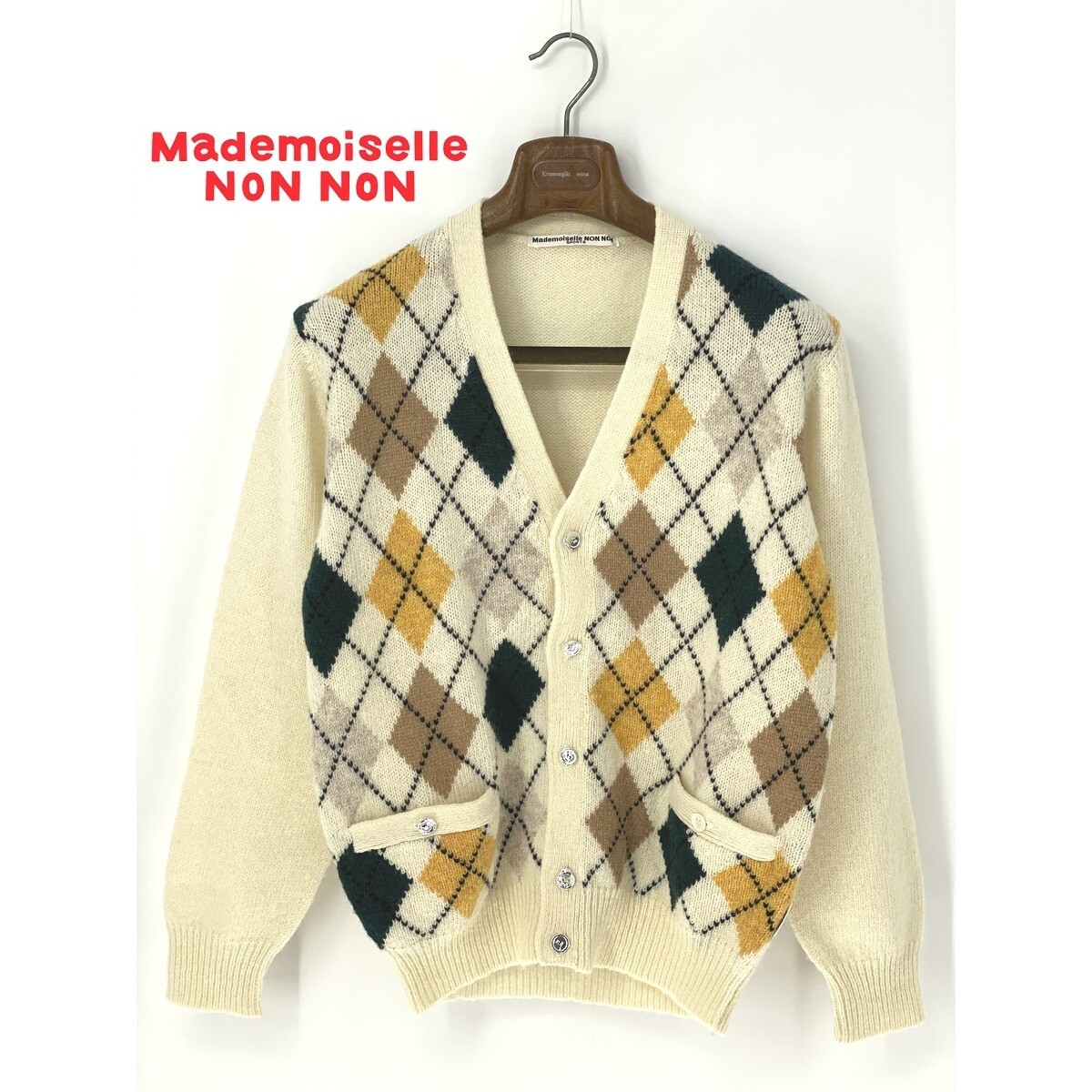 A9453/極美品 春夏 Mademoiselle NON NON マドモアゼルノンノン ウール アーガイル柄 長袖 ニット カーディガン M程 白 メンズ パパス