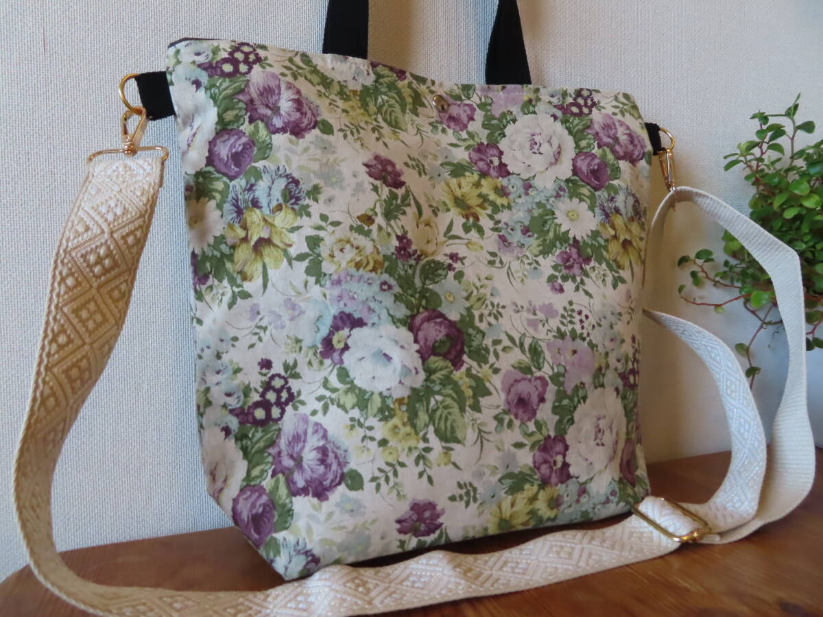 17　ハンドメイド　２Way　持ち手付き　ショルダーバッグ　トートバッグ　厚地　麻綿　ローズ　プリント柄　