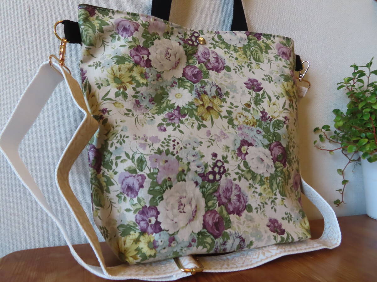 13　ハンドメイド　２Way　持ち手付き　ショルダーバッグ　トートバッグ　厚地　麻綿　ローズ　プリント柄　