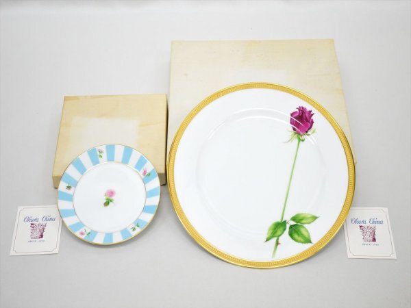 KM792●中古美品!!●OKURA 大倉陶園　一本の薔薇の花 レッド 大皿・80th Annivasary 皿/プレート　2点セット　外箱付き