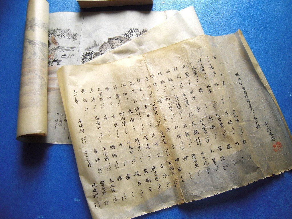 不詳 中村恵忠 肉筆摸写まくり『楳嶺百鳥図譜 続篇人之巻』1冊分全26図 26×約800㎝《真作》分かる方お願いします！kankando