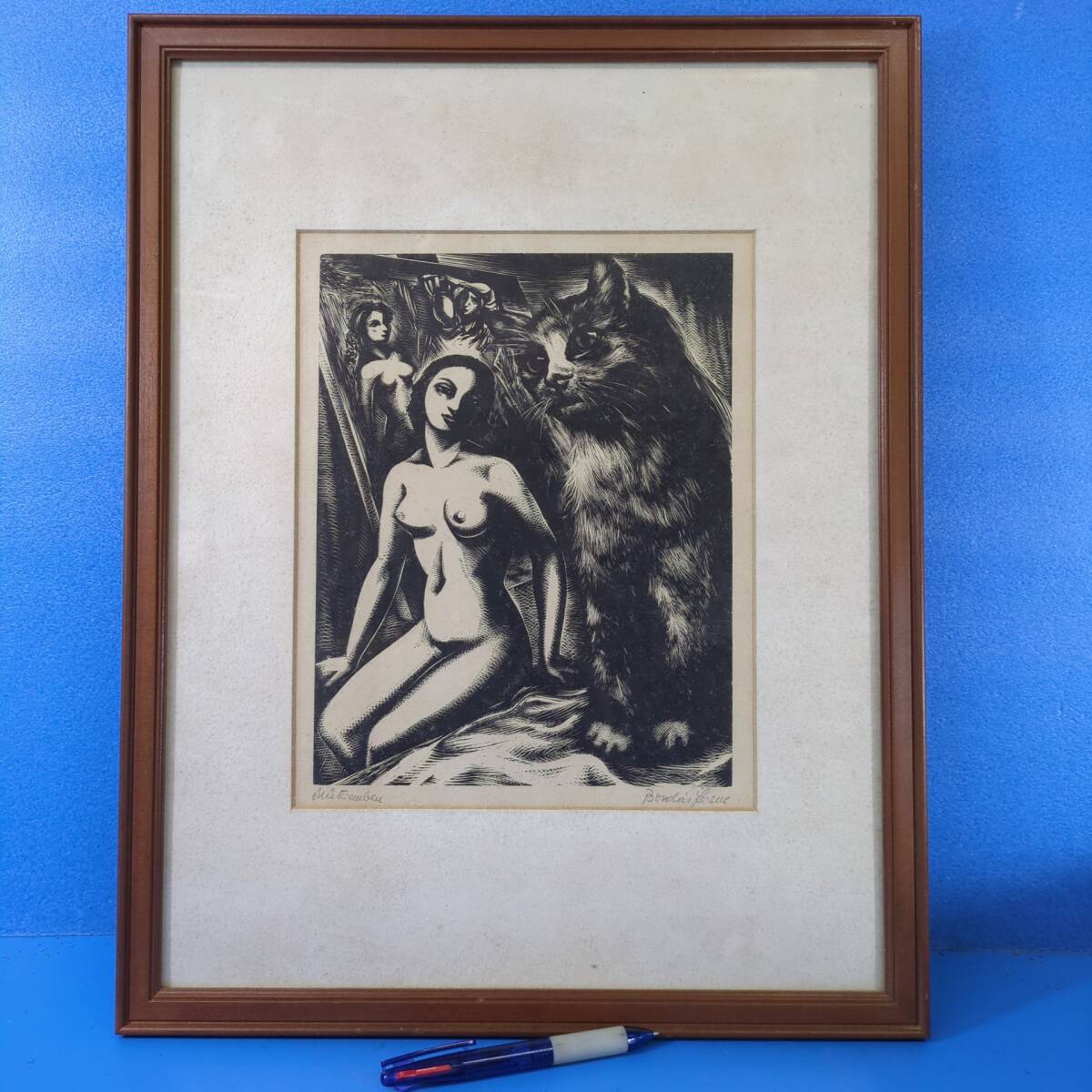 『Ferenc Bordas フェレンツ・ボルダス木版画 猫』サイン 額装 月光荘シール付《真作》【移転SALE】kankando