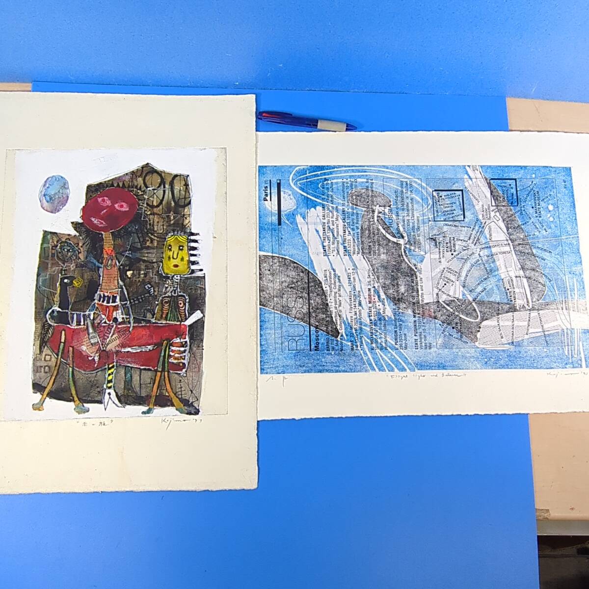 Kojimaサイン入作品2点！『水彩画 赤い顔 1997』『リトグラフ Flight light and Balance 1993』《真作》分かる方お願いします！kankando 