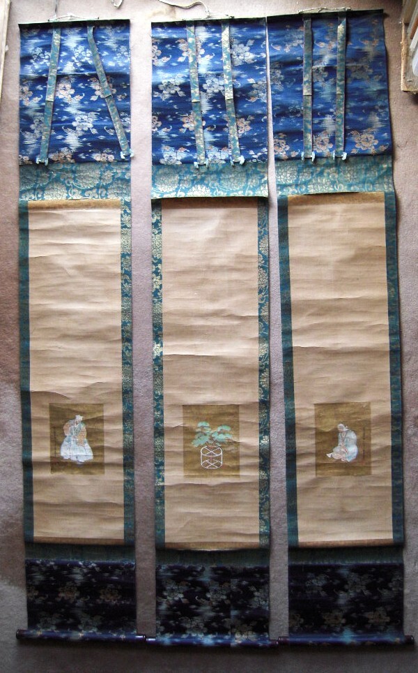 1680年代！『土佐入道常昭(土佐光起) 肉筆 高砂 三幅対「左 尉高砂能/中 松作り内/右 姥高砂能」《真作》興味深い逸品！kankando