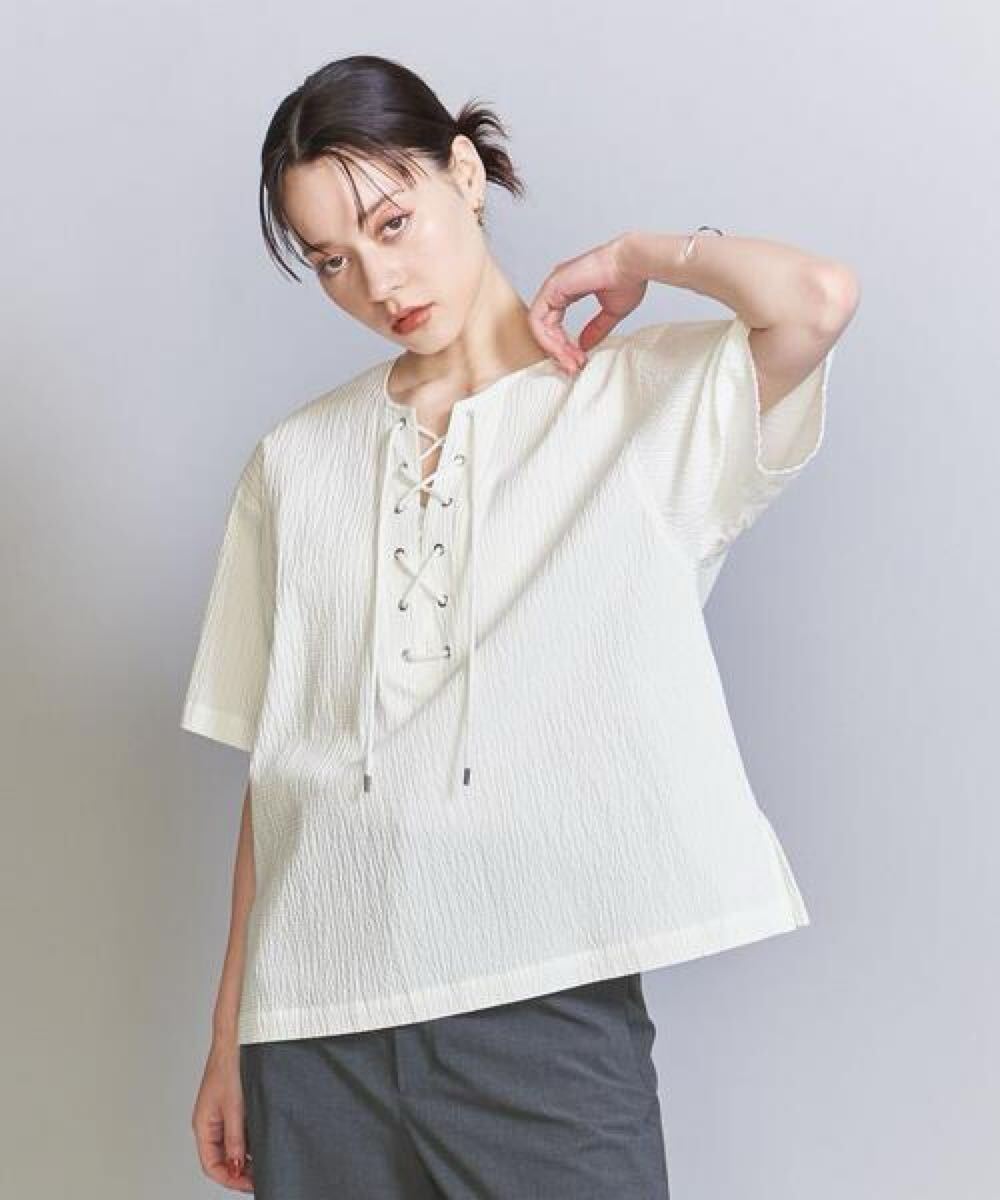 2023 ユナイテッドアローズ BEAUTY&YOUTH コットンブレンド リップル レースアップ ブラウス シャツ