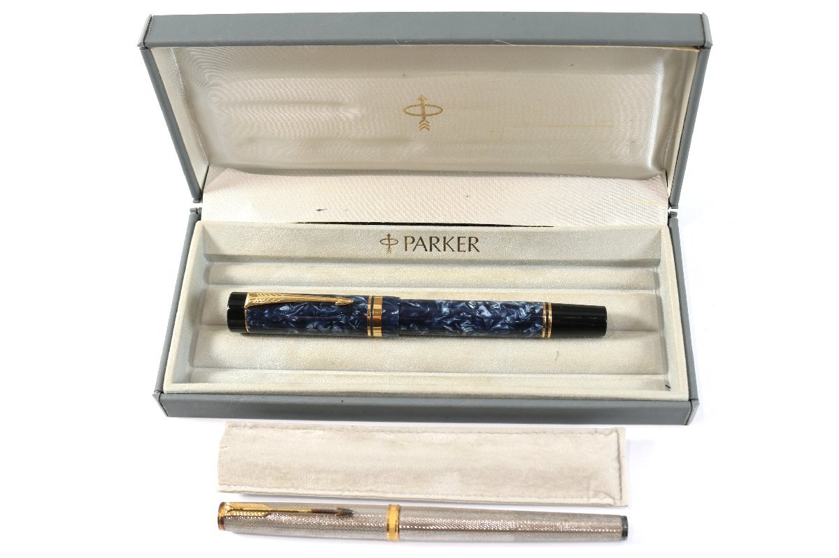 【2点】PARKER パーカー デュオフォールド 含む 万年筆 ペン先 18K 刻印 ブルー系 シルバーカラー 筆記用具 文房具 まとめ売り 6928-RS