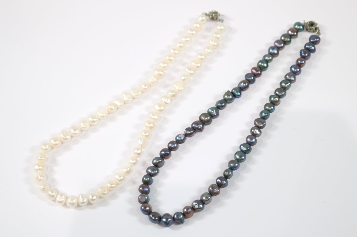 【2点】本真珠 バロックパール ネックレス 約8.0-9.5mm珠 ホワイト系 ブルー系 レディース 小物 アクセサリー まとめ売り 7049-RS