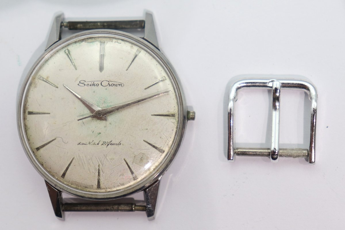 【ジャンク品】SEIKO CROWN セイコー クラウン 15013 DIASHOCK 21石 フェイス/尾錠のみ シルバー文字盤 手巻き メンズ 腕時計 7041-AM