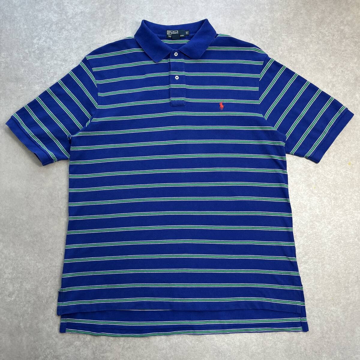 古着 Polo by Ralph Lauren ラルフローレン ポロシャツ ブルー ボーダー 刺繍ワンポイントロゴ 大き目サイズ XLT