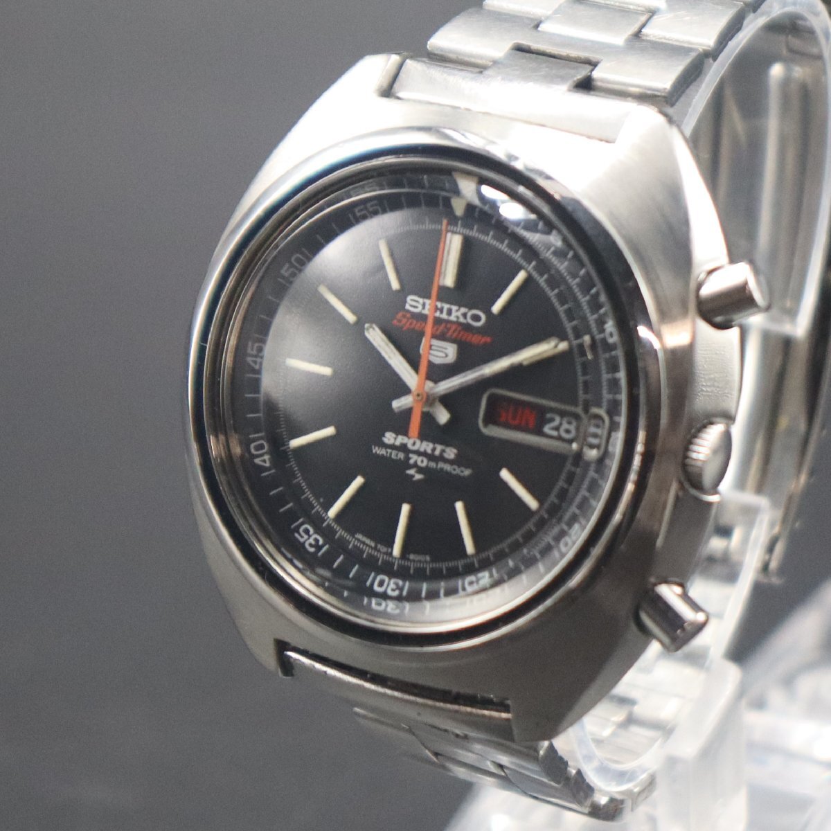 OH済 SEIKO 5 SPORTS セイコー 5 スポーツ スピードタイマー 7017-6010 自動巻き クロノグラフ 黒 1970年製 デイデイト 純正ブレス メンズ