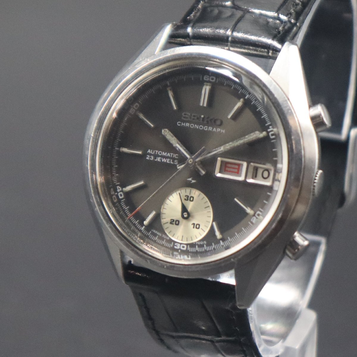 希少 OH済 SEIKO セイコー クロノグラフ 自動巻き 7018-7000 一つ目クロノ グレー文字盤 1971年製 亀戸 デイデイト 新品革ベルトメンズ