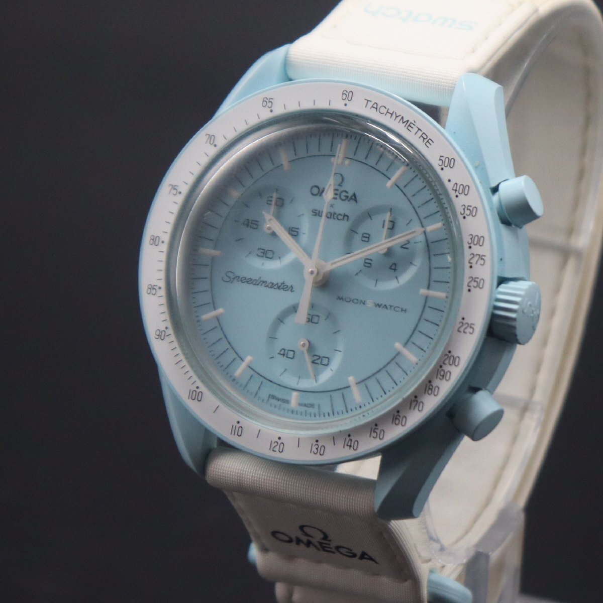 電池新品 OMEGA×Swatch オメガ×スウォッチ ムーンスウォッチ MISSION TO URANUS スピードマスター クォーツ 白×水色 純正ベルト メンズ