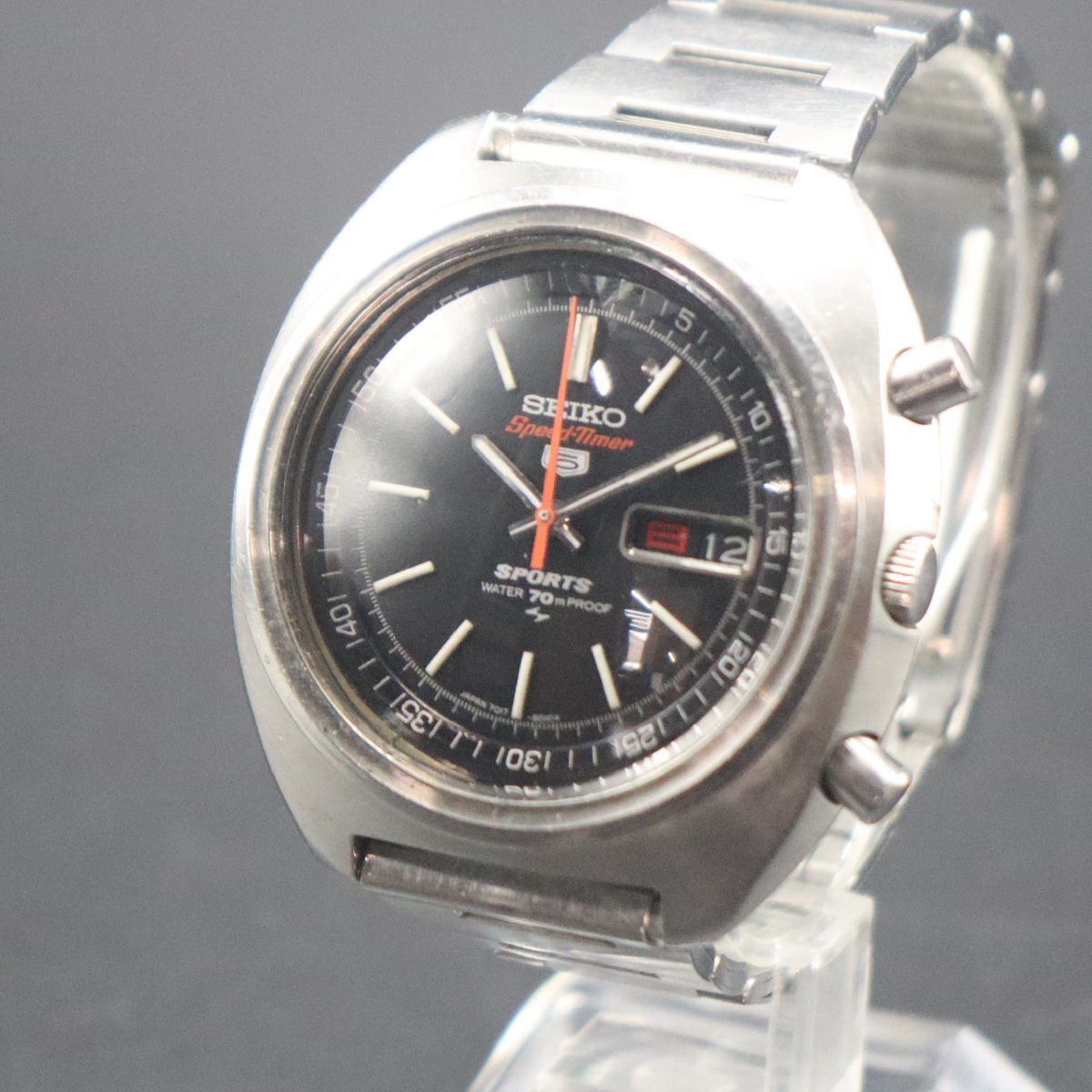 SEIKO 5 SPORTS セイコー 5 スポーツ スピードタイマー 7017-6010 自動巻き クロノグラフ 黒 1970年製 デイデイト 亀戸 BAMBIブレス メンズ