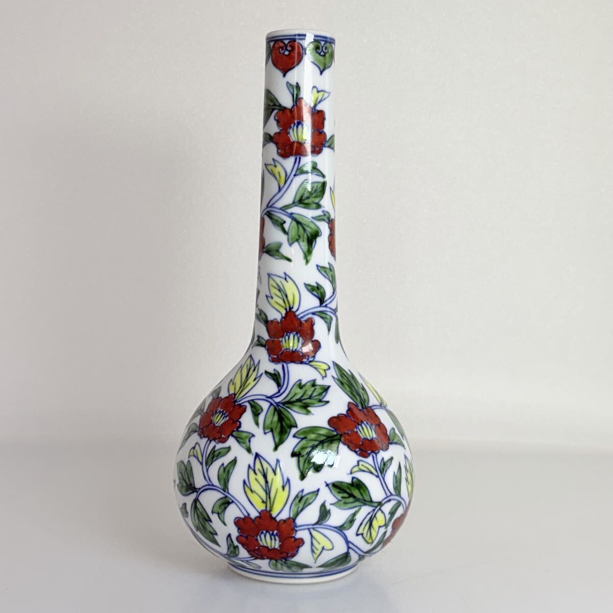 SY1140◆源右衛門 一輪挿し 花瓶 花器 色絵 全長20cm 在銘 有田焼 花生 陶器 オブジェ インテリア 置物 