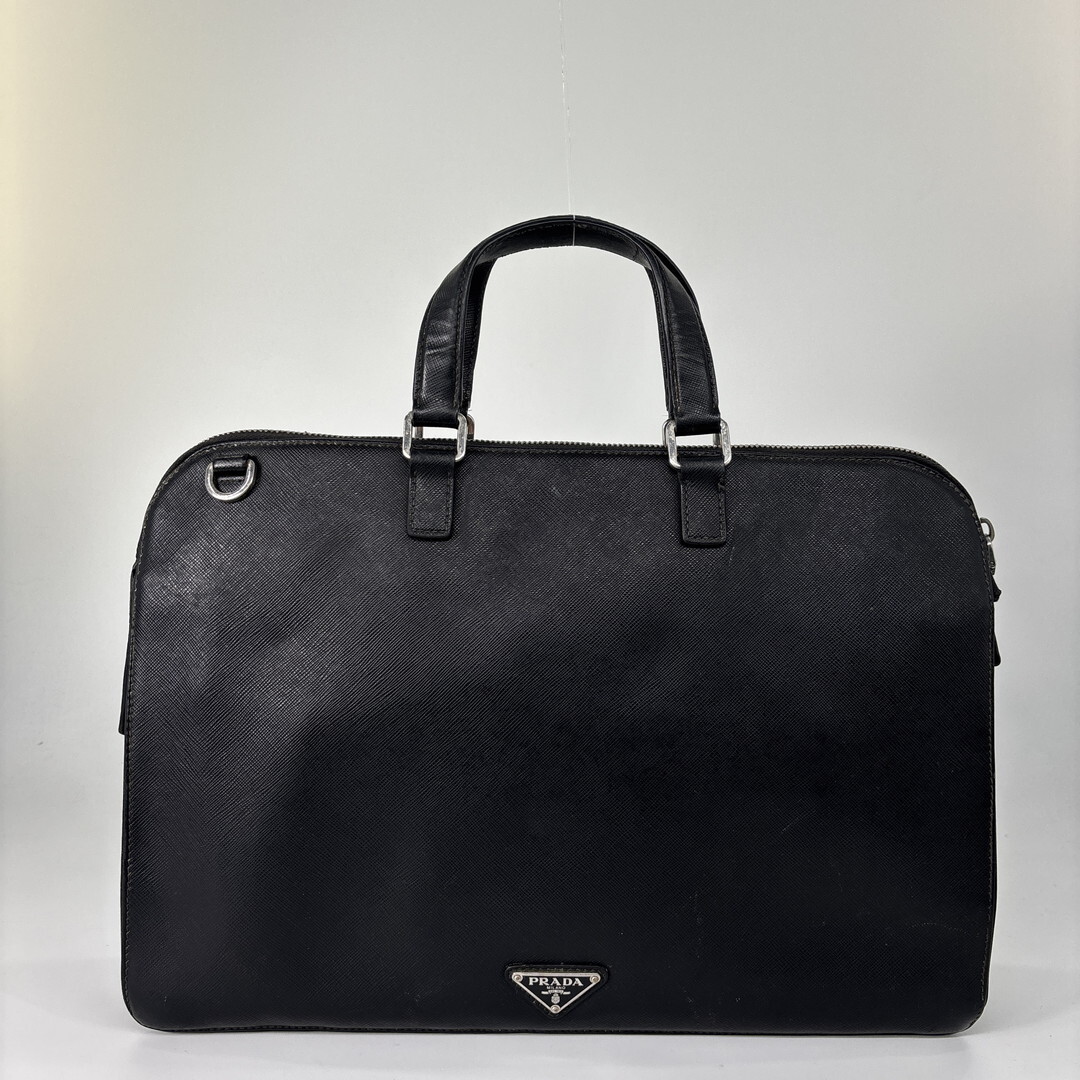 1円 極美品 PRADA プラダ メンズ ビジネスバッグ サフィアーノ レザー ブラック 黒 ブリーフケース メンズ ハンドバッグ 