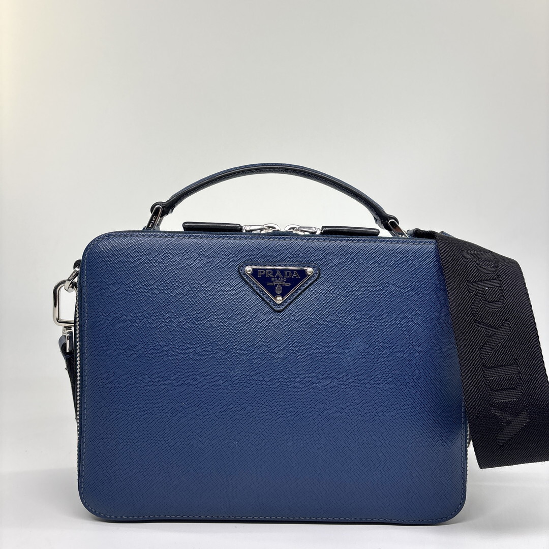 超極美品/IC PRADA プラダ ブリック サフィアーノ レザー ショルダーバッグ ブルー ハンドバッグ メンズ 2way 2VH069