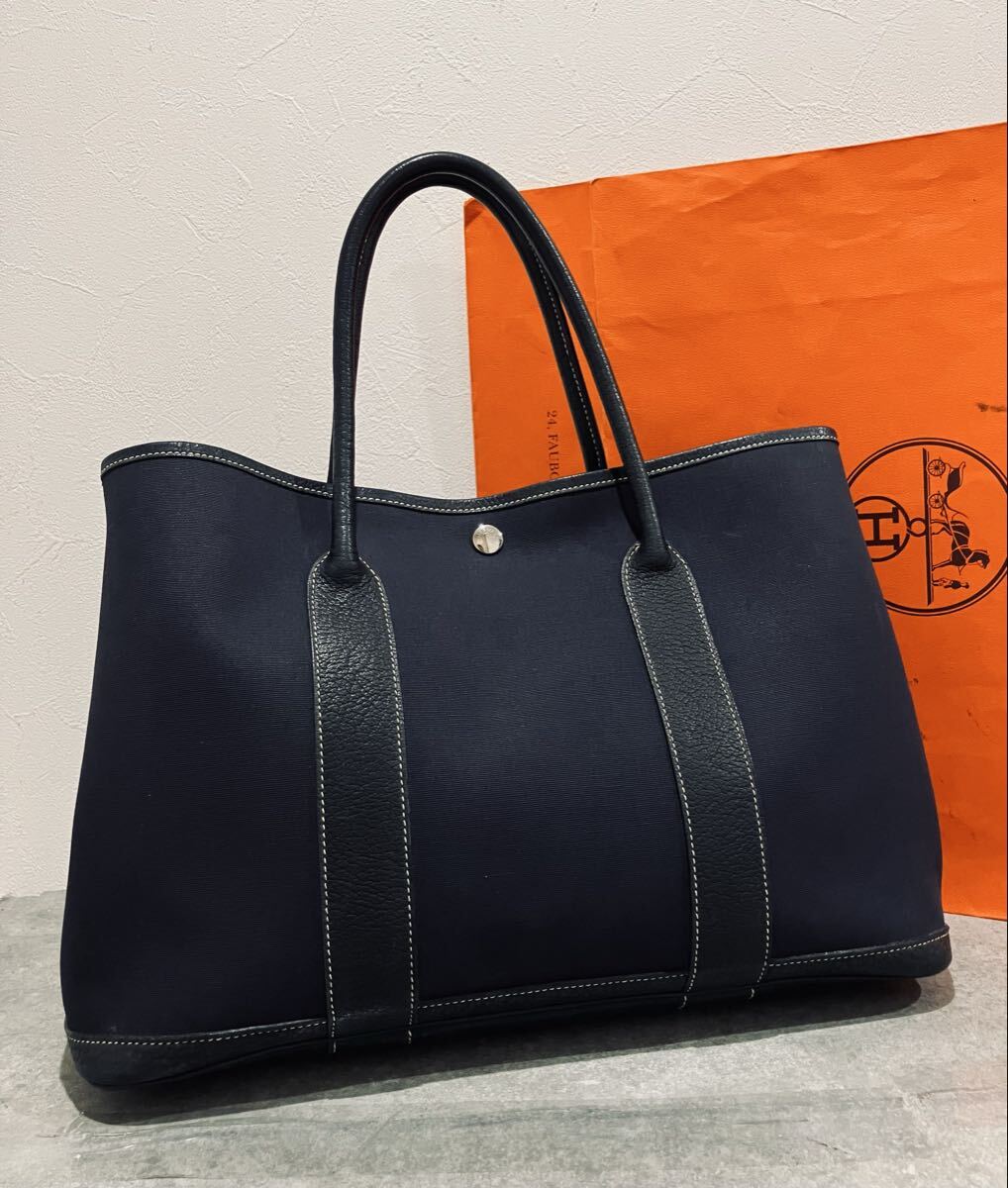 HERMES 極上美品 ガーデンパーティ PM バッグ エルメス ネイビー トート バック 刻印あり