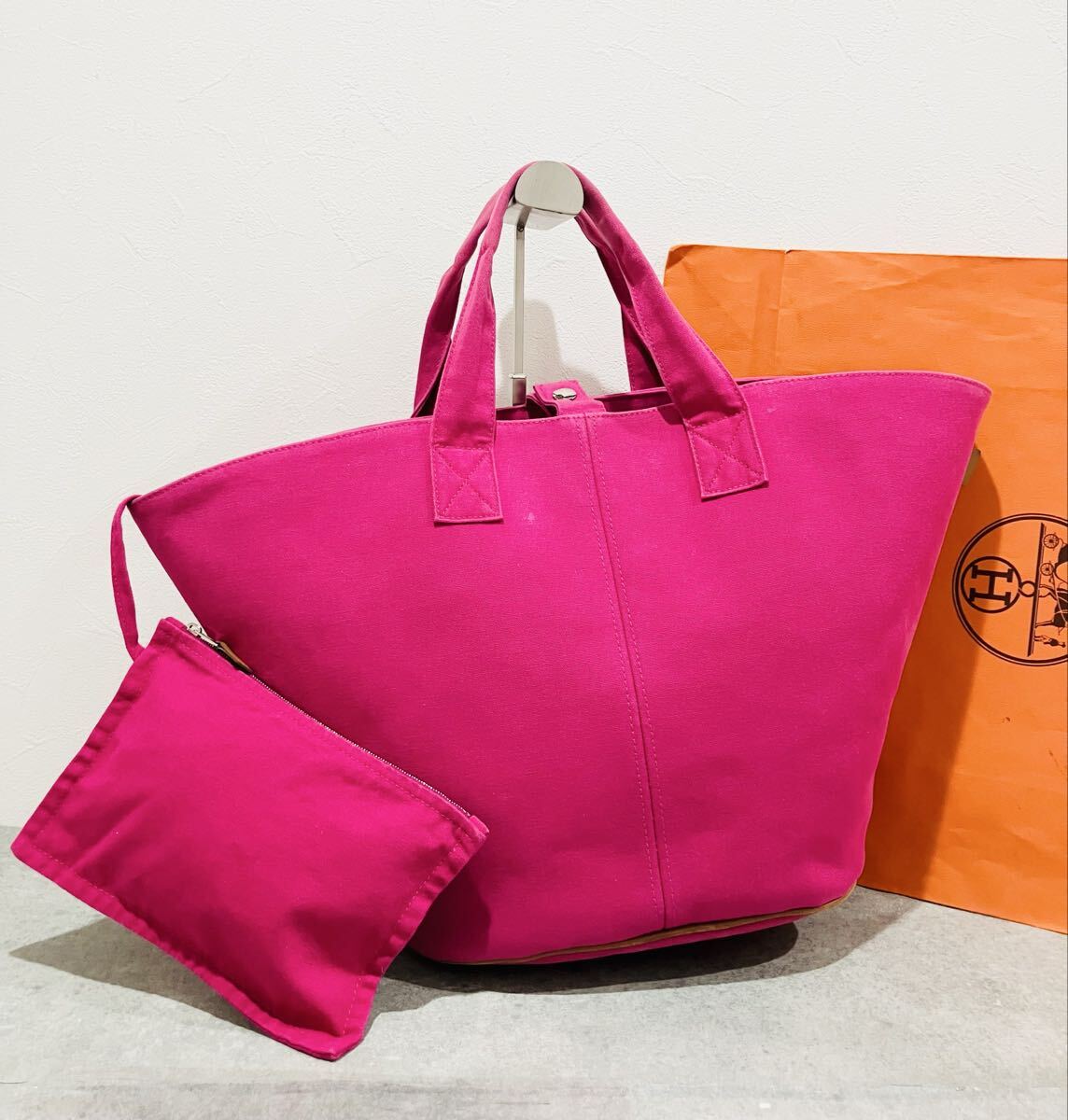 HERMES ● 極美品 エルメス パニエドプラージュ ピンク トートバッグ キャンバス バッグ
