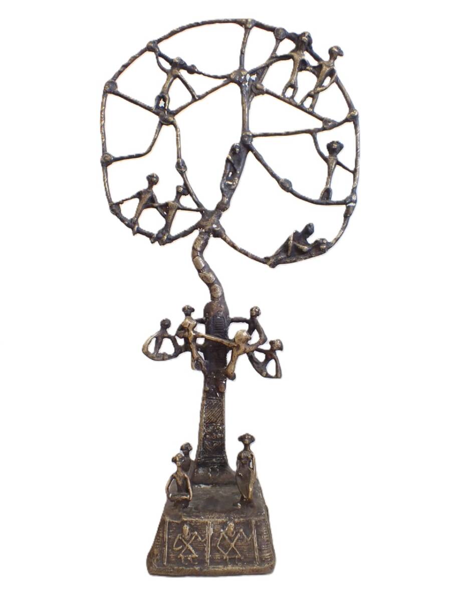 UH3368 珍品 真鍮製？ ドクラアート インド 金属工芸品 彫刻 オブジェ 生命の樹 民芸品 高さ約43㎝ 総重量約1.9㎏