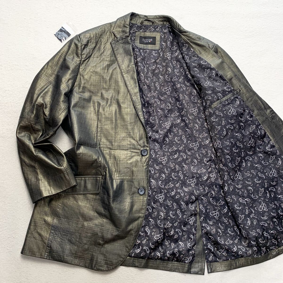 希少3XL バラシ【極上のラムレザー】barassi テーラードジャケット ライダース 革ジャン 裏地総柄 シープスキン 羊革 本革 ゴールド 1円