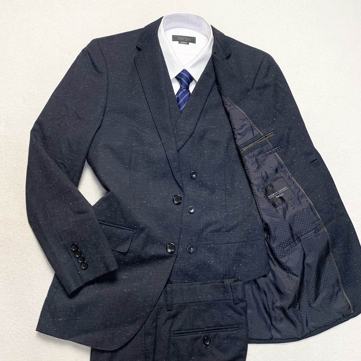 hiromichi nakano【圧巻の3ピース】ヒロミチナカノ h.n.suits スーツ セットアップ ノータック スリーピース ベスト ウール M ネイビー 1円