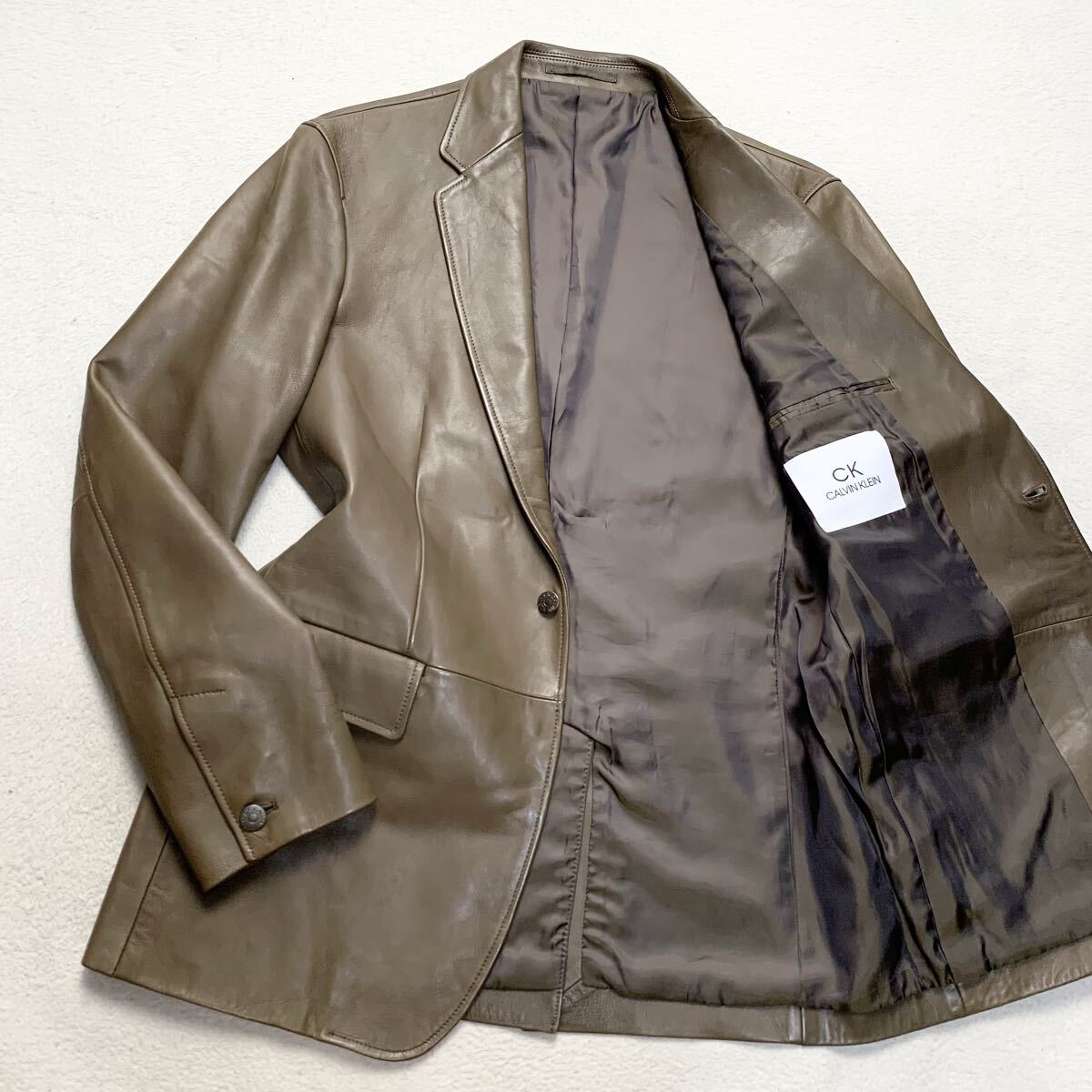 希少色 カルバンクライン【極上のラムレザー】Calvin Klein テーラードジャケット ライダース 革ジャン シープスキン 羊革 M ブラウン 1円